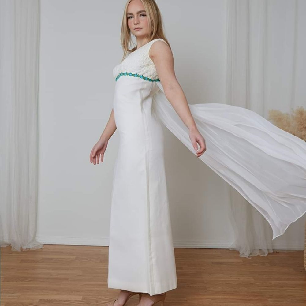 Vintage 60s 70s White Gown with Chiffon Drape XXS 